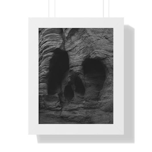 Skull Rock Framed Poster — Moody Black & White Geological Wall Art