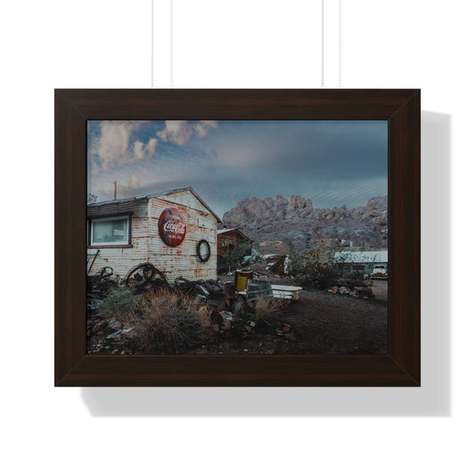 Desert Shack Framed Poster — Vintage Rusty Coke Sign Landscape Print (Horizontal)