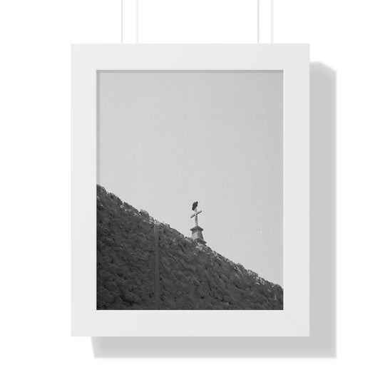 Minimalist Black & White Framed Poster — Solitary Bird on Stone Wall