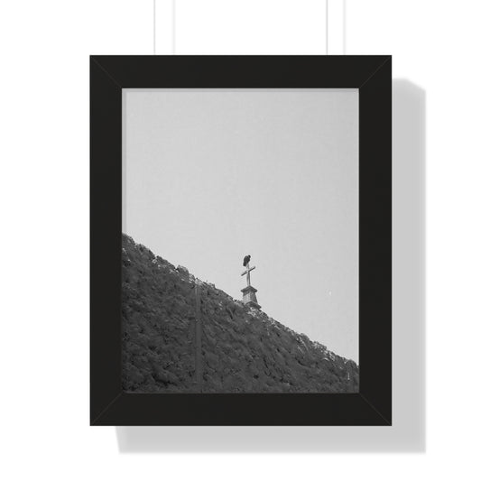 Minimalist Black & White Framed Poster — Solitary Bird on Stone Wall