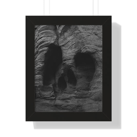 Skull Rock Framed Poster — Moody Black & White Geological Wall Art