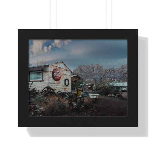 Desert Shack Framed Poster — Vintage Rusty Coke Sign Landscape Print (Horizontal)