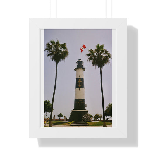 Lighthouse Palm Trees Framed Vertical Poster — Coastal Beach Wall Art